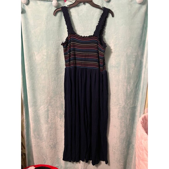 ModCloth Plus Rainbow Stripe Navy Jumpsuit Jumper 1x Smocked Flowy - Picture 1 of 5